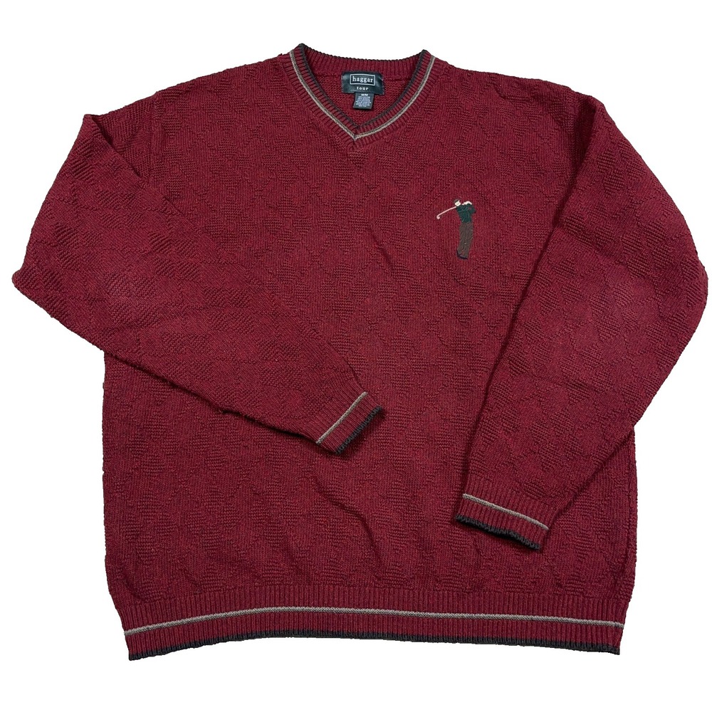 Vintage Golf Sweater Men Medium Red Heavy Knit V Neck Y2K Embroidered Grandpa‎